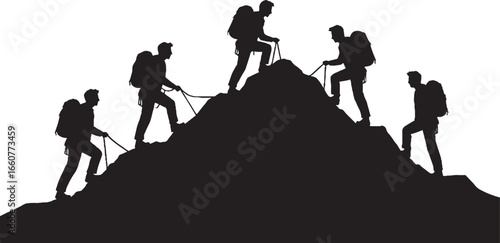 Mountain Climbers Team Ascending Peak Silhouette Vector