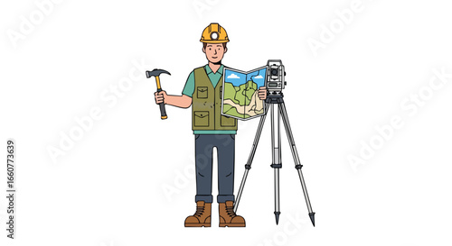 Construction Worker Examining a Geological Map and Surveying Equipment on White Background Illustration