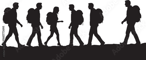 Silhouettes of People Walking - Diverse Group of Travelers, Hikers, and Urban Strollers