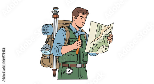 Cartoon illustration depicting a male geologist with field equipment analyzing topographical map for rock formations mapping while on a expedition