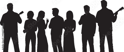 Black Silhouettes Group of Diverse People with Musicians and Conversing Figures Vector