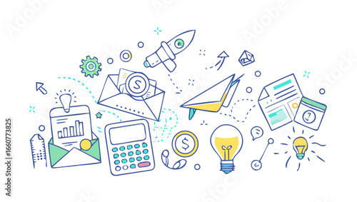 Business and marketing doodles with light bulb, rocket, calculator, and other icons representing strategy, finance, and success