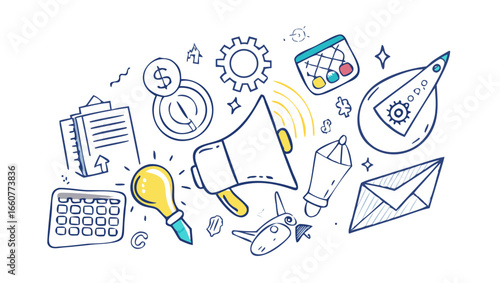 Business and marketing doodles with megaphone, light bulb, rocket, calculator, and other icons representing strategy, finance, and success
