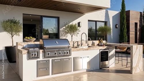 Outdoor Kitchen with Grill and Bar Seating on Patio