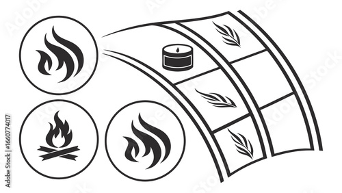 A film strip with fire and candle icons, featuring abstract flame designs and vintage film elements, perfect for graphic design
