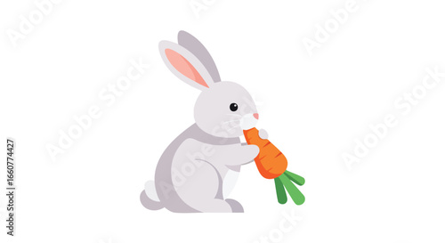 Charming illustration of a fluffy gray bunny joyfully munching on a vibrant orange carrot in a bright white scene