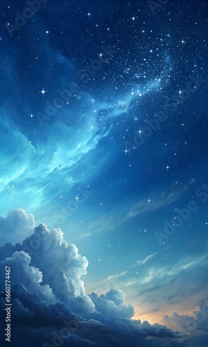 A beautiful night sky with stars, clouds, and a galaxy in the distance