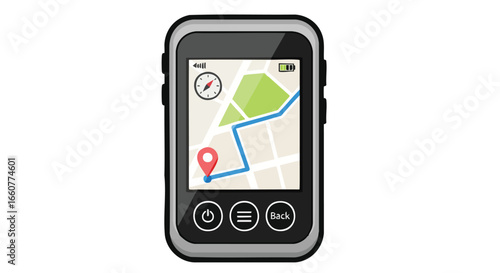 Navigational Device Displaying Route with Compass and Battery Indicator, Ideal for Travel and Exploration scenarios