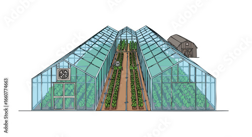 Agricultural Innovation: Modern Greenhouse Cultivation with Advanced Climate Control Technology for Year-Round Plant Growth in Sustainable Farming
