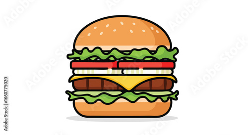 Colorful Vector Illustration of a Classic Hamburger on Plain Background Ideal for Food Art and Culinary Design Projects