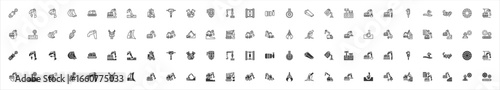 Excavator icon collection set with outline and black solid style. Containing hydraulic system, boom , arm, bucket, caterpillar tracks, excavation, digger, operator cabin, breaker, machine work.
