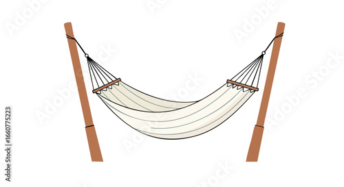 Illustrative hammock suspended between brown wooden posts ideal for design and summer themes providing a tranquil scene for relaxation or vacation