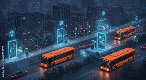 Futuristic City Bus Transport: Smart City, Digital Connectivity, Night Scene, Orange Buses.