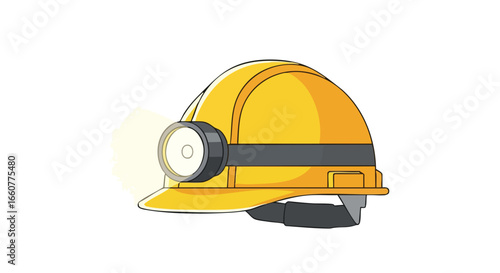 Cartoonish Illustration of a Yellow Mining Helmet with a Bright Headlamp, Perfect for Worker Safety Depictions and Children Education Materials