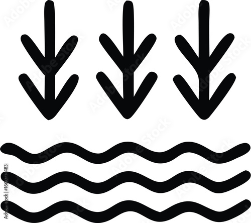 Simple iconography representing three downward arrows pointing towards wavy lines symbolizing water flow or drainage