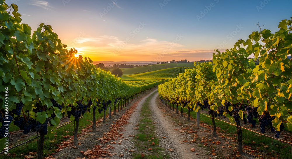 Naklejka premium Vineyard Vista at Golden Hour: A Serene Pathway Through Lush Grapevines, Bathed in the Warm Light of Setting Sun, Offering a Tranquil Escape and Promise of Fine Wine experiences