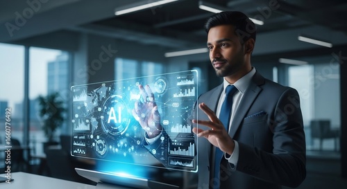 Man interacts with a futuristic AI interface displaying data