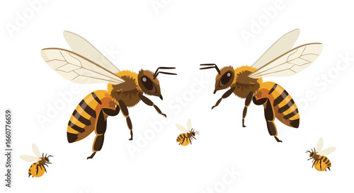 Honeybees Gathering Around Their Colony, A Vibrant Representation Of Insect Life With Intricate Wing Details And Striking Color Contrast In A Flat