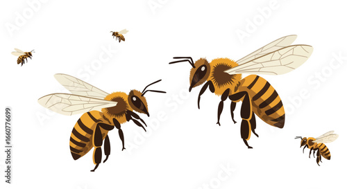 Illustrative depiction showcasing flying bees in dynamic postures against a pristine white backdrop conveying vibrancy and vitality