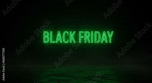 A green neon sign displaying the words black friday against a dark background with a green glow