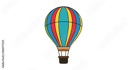 A colorful hot air balloon illustration with vibrant stripes and a sturdy basket against a clear white background offering a sense of joyous