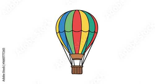 Stylized vibrant hot air balloon illustration against plain backdrop, suitable for decorative and illustrative purposes, whimsical drawing