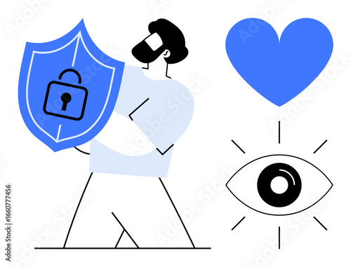 Man holds shield with lock emphasizing protection. Adjacent heart and eye imply care, privacy, trust. Ideal for cybersecurity, data safety, trust, confidentiality, love wellness simple landing page