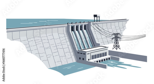 Illustration showcasing a large concrete dam structure designed for hydroelectric power generation and water management facilities