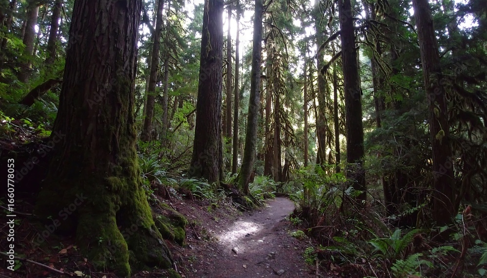 Fototapeta premium Sunlit path through mossy forest