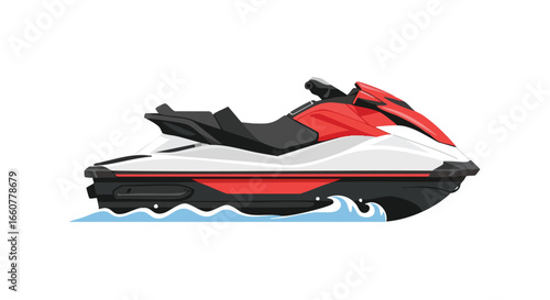 Stylized illustration showcasing a modern red and white jet ski on a blue wavy surface, with a clean white backdrop evoking action and speed on water