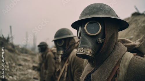 Soldiers wearing gas masks in trench warfare