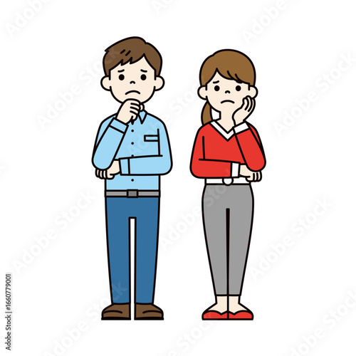 腕を組んで困った顔をする若い男性と女性の全身イラスト＿ベクター＿カラー
