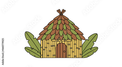 Tropical Bamboo Hut Illustration with Thatched Roof and Lush Green Leaves, Depicting a Peaceful Vacation Scene and a Quaint Retreat