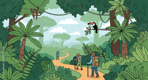 Exploring the lush green rainforest with a toucan and monkey, vibrant biodiversity and adventurous spirit captured in an illustrative style