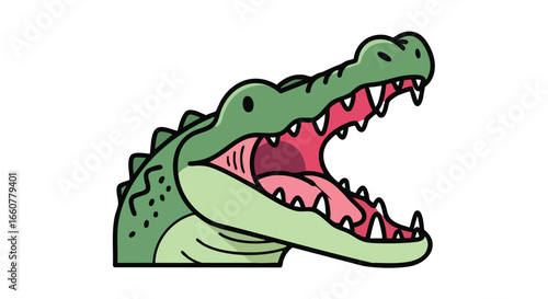 Cartoon Alligator Head with Open Mouth and Sharp Teeth, Illustrating Wild Reptile Behavior with Bold Outlines against a White Background