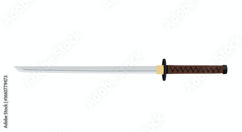 Illustration of a katana, a traditional Japanese sword with a curved, single-edged blade on a pristine white canvas