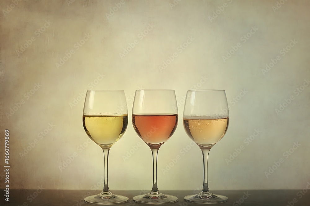 Fototapeta premium Three glasses of wine in different shades-Three elegant wine glasses filled with different shades of wine — white, rosé, and blush — are placed side by side against a softly textured background. The m