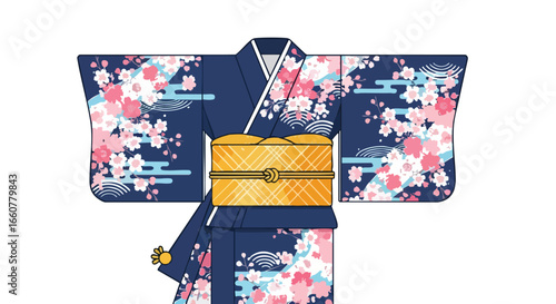 A traditionally styled kimono with cherry blossom designs for cultural events and fashion illustrative elegance, presenting a graceful fusion of art