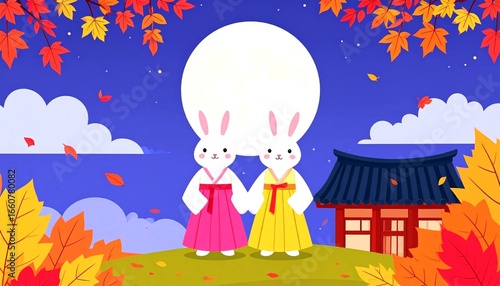 Autumn Festival Scene with Hanok, Rabbits, and Moonlit Sky