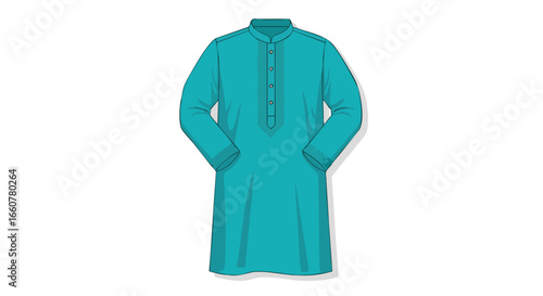Illustration of turquoise kurta with detailed placket, an Asian garment for formal or casual dressing, perfect for festive or everyday wear in