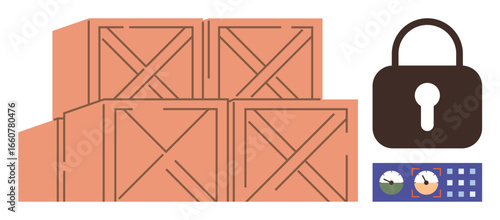 Stacked wooden crates paired with a padlock and control panel, representing security, storage, logistics, and safety protocols. Ideal for warehousing, shipping, data protection, inventory access
