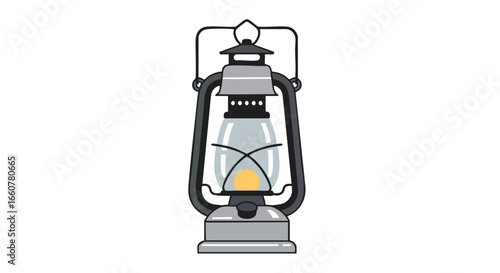 Stylized illustration of a vintage kerosene lantern with a glowing flame illuminating through its clear glass enclosure displaying classic charm and