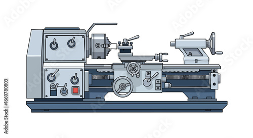 Illustration of a detailed metal lathe machine, showcasing industrial manufacturing, and engineering precision for metalworking and craftsmanship
