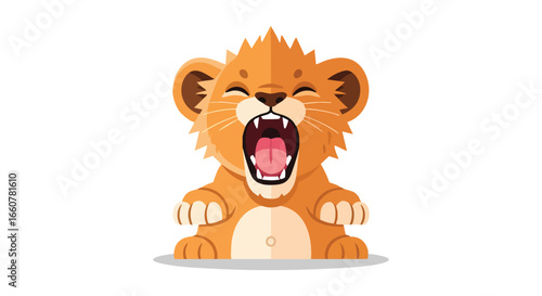 Charming cartoon lion cub with open mouth on a white background for children's illustrations and educational material with positive expression