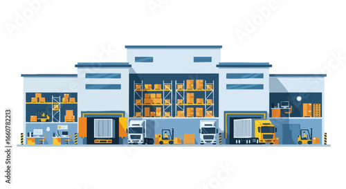 Illustration showcasing a bustling warehouse environment with trucks and forklifts efficiently managing package distribution