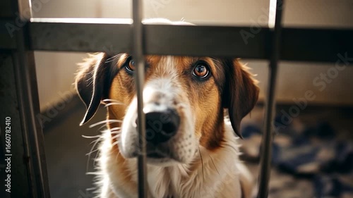 Sad Dog Behind Bars Looking Out