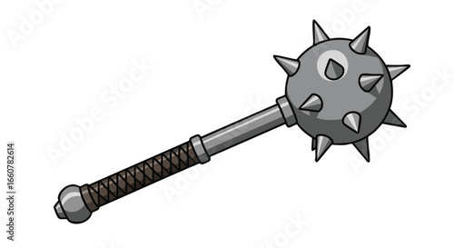 Stylized cartoon illustration of a fearsome medieval spiked mace weapon, ready for battle with a powerful blow and a threatening appearance
