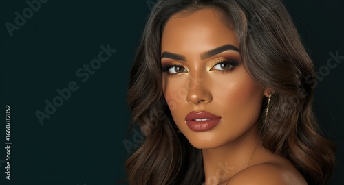 Beautiful Woman with Wavy Hair Wearing Makeup and Gold Earrings in Dark Studio Setting