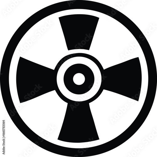 Striking radiation symbol icon featuring a central circle with concentric rings and four fanning blades inside a circular border