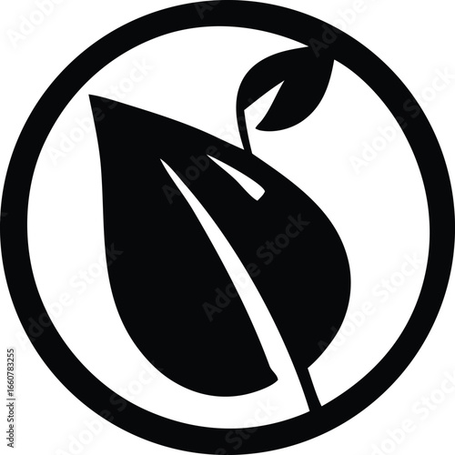 Simple black and white icon of a sprouting leaf enclosed in a circle representing nature growth and environmentalism
